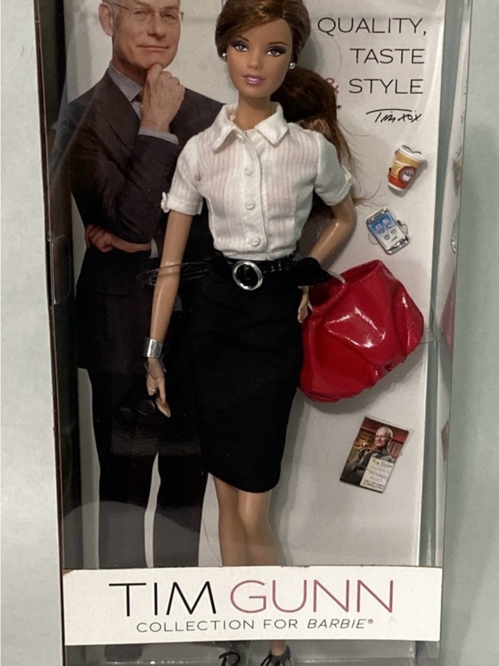 Barbie Tim Gunn Doll with White Blouse, Black Skirt and Red Handbag